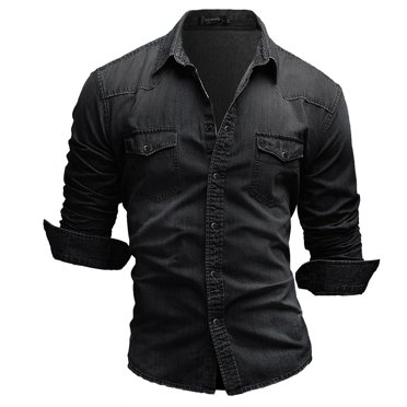 CEHVOM 2021 Men Denim Long-Sleeve Beefy Button Basic Blouse Tee Shirt Top