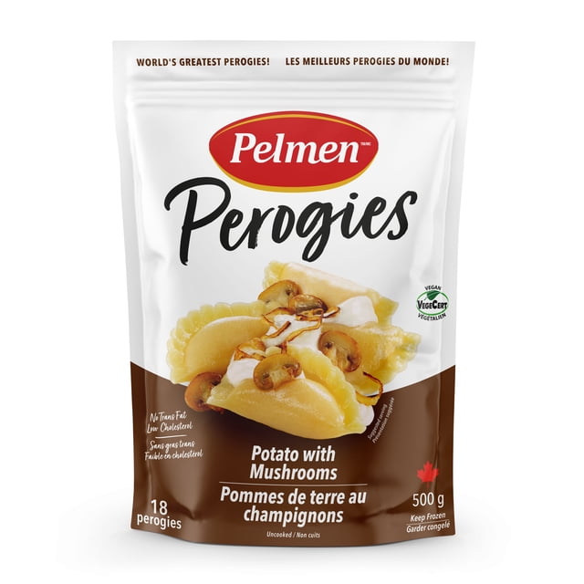 Pelmen Potato with Mushrooms Perogies 500g bag showing 18 uncooked perogies filled with creamy potato and mushrooms, in a white and brown resealable package with vegan certification and Canadian maple leaf symbol, suitable for quick European-style meals.