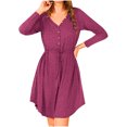 thumbnail image 2 of Pompotops Femmes Casual Couleur Unie V-Cou de la Mode à Manches Longues Bouton Robe Ceinture, 2 of 4