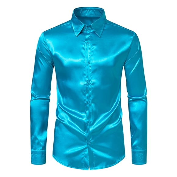 fartey Men Shiny Metallic Button Down Shirts Casual Dress Long Sleeves Shirt Trendy Solid Color Lapel Blouses Collar Cardigan Tops for Night Club Party Prom