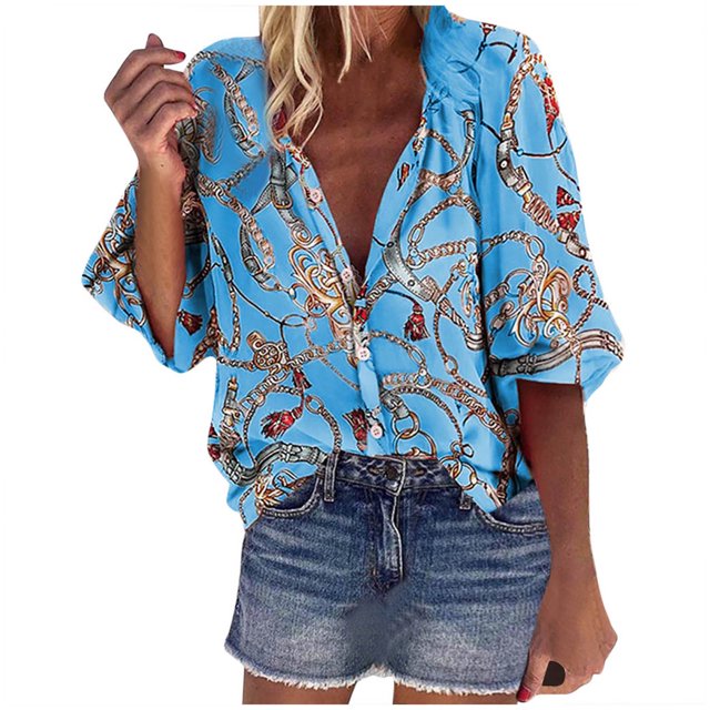 Pompotops Chemisier Mode Femme Col en V Imprimé Floral Manches Longues Ample