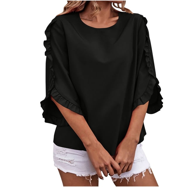 Timegard Womens Tops Ruffle Half Sleeve Crewneck Loose Comfy Tops Blouse Casual Summer Spring Solid Color