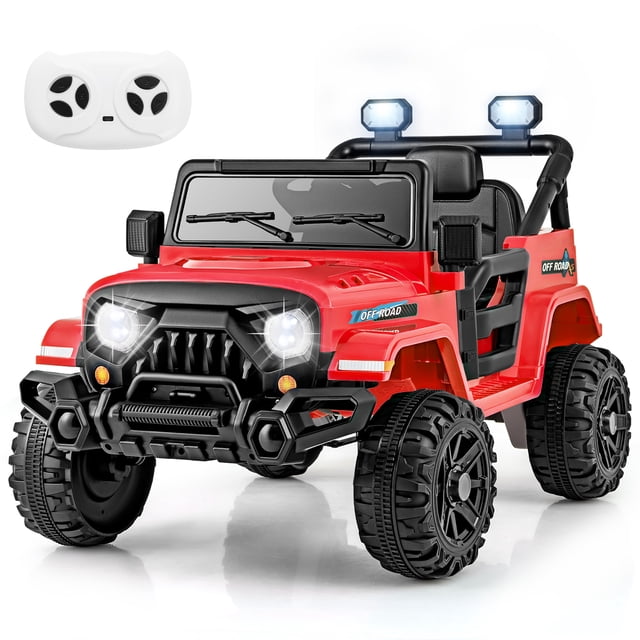 Gymax 12V Kids Ride on Truck Car in red with remote control, featuring threaded all-terrain wheels, LED headlights, and a rugged design. The ride-on toy includes a child-friendly steering wheel, foot pedal, and a parent-controlled remote with three adjustable speeds. Suitable for children aged 3 and up, it is powered by dual 35W motors and a rechargeable 12V battery, offering speeds of 1.9-4 mph. The truck is constructed from BPA-free material and includes safety features like an adjustable seatbelt and lockable doors. Dimensions are 39'' x 24.4'' x 24.4''.