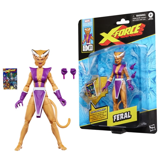 Marvel Legends Series Feral Figurine d'Action, une Figurine Articulée de Collection de 6 Pouces en Beige avec des Détails de costume Violets de Marvel's X-Force #1 (1991), Comprend Deux Mains Alternées et un Accessoire de Bande Dessinée en Plastique de 6 Pouces Présentant la Couverture X-Force, Montré en Vrac et dans l'Emballage d'Origine.