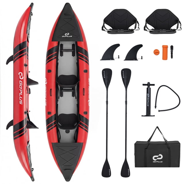 Goplus Ensemble de Kayak Gonflable Portable pour 2 Personnes avec Rames en Aluminium, Siège Rembourré en EVA, Rouge