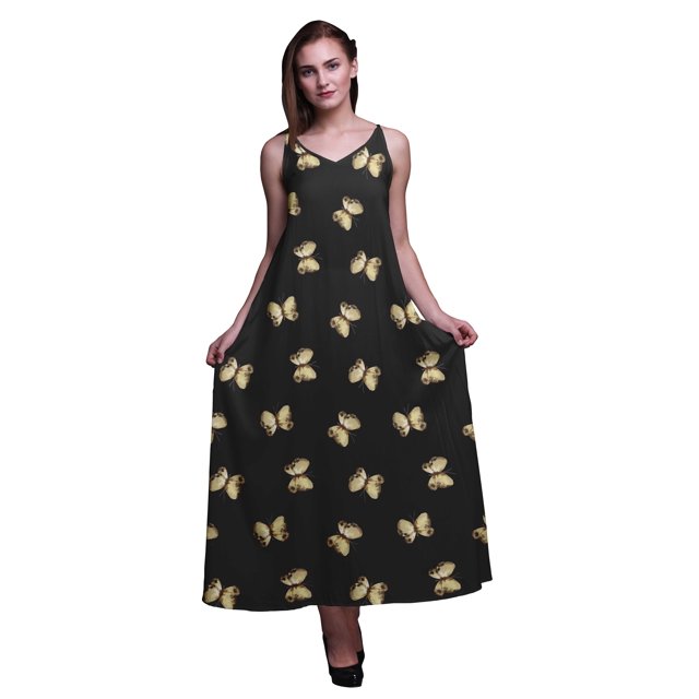 Bimba Rayon Butterfly Womens Adjustable Spaghetti Strap Long Maxi Print Dress Bohemian-XSmall