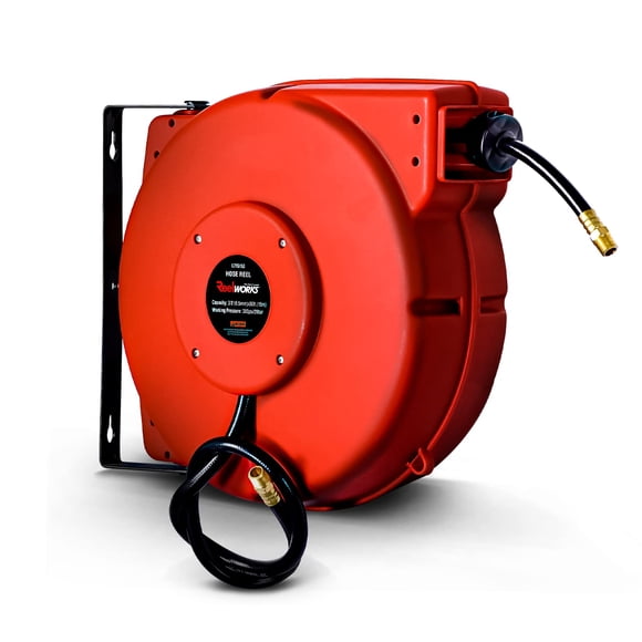 ReelWorks Air Hose Reel Retractable 3/8" Inch x 50' Foot Hybrid Polymer Hose Max 300PSI Commercial Polypropylene Construction