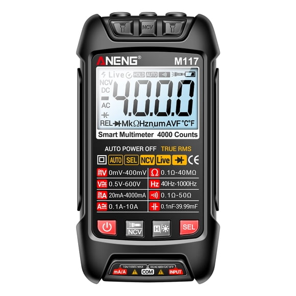 ANENG (With Video) ANENG M117 Intelligent Digital Multimeter 4000 Counts True RMS High Precision Auto-ranging Voltage/Current/Resistance Tester with NCV and Diode Function - Black (Batteries Not