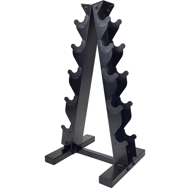 PRISP 5-Tier Dumbbell Weight Rack with a vertical A-frame design, made of heavy-duty steel and finished with a durable powder coating. Designed for gym storage, it holds up to five pairs of hex dumbbells ranging from 5 to 30 pounds, with a total capacity of 200 pounds. The compact structure saves space and features extra-wide slots for easy access. The stable base ensures balance during use, making it suitable for home gyms, fitness centers, or training rooms. Dumbbells not included.