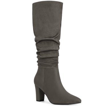 Unique Bargains Women's Slouchy Pointed Toe Chunky Heel Knee High Boots Grey (Size 9)