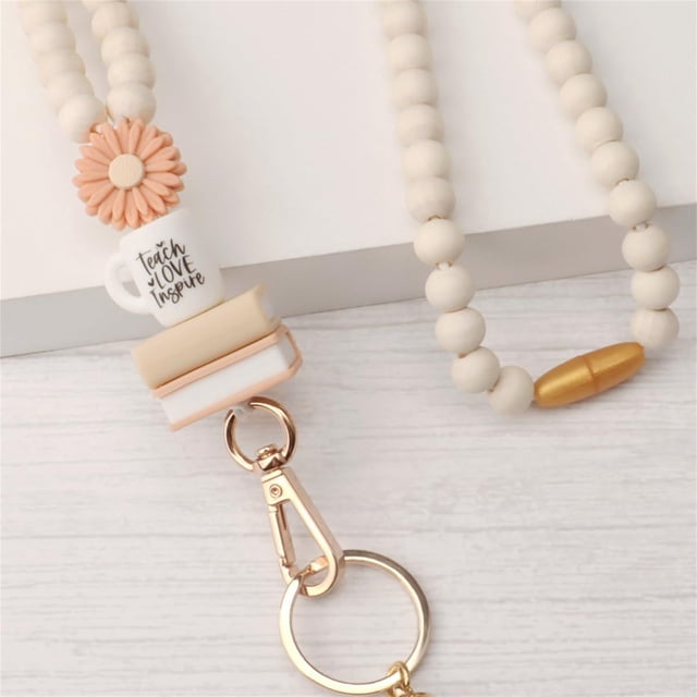 Meitianfacai Book Coffee And Flower Lanyard With Wooden Beads Tassel Keychain Silicone Flower Charm And Tag Multi-Functional Necklace Strap For Storage And Display