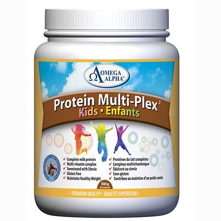 Omega Alpha Protein MultiPlex Kids 500g container featuring a colourful label with playful child silhouettes. This protein powder is a complete milk protein and multivitamin complex, available in chocolate and vanilla flavours. It is gluten-free, sweetened with stevia, and supports healthy growth and bone development. Recommended for children and adolescents, it provides 20g of protein per serving and is suitable for mixing with water, milk, or smoothies.