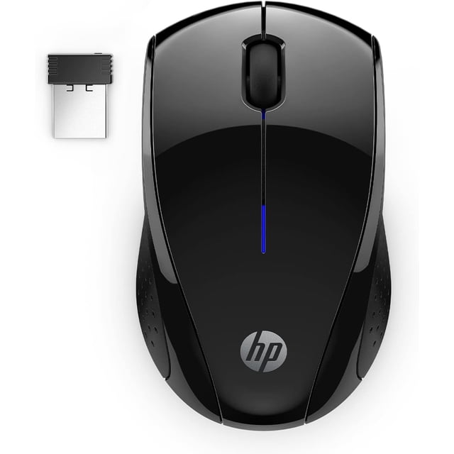 HP X3000 G3 Wireless Mouse in black with a glossy top and textured matte sides, featuring a centered scroll wheel and blue LED indicator, paired with a compact 2.4 GHz USB-A wireless receiver offering lag-free connection up to 30 feet, equipped with a 1600 DPI optical sensor for precise tracking and three-button navigation usable with either hand, also suitable for portable use with long battery life.