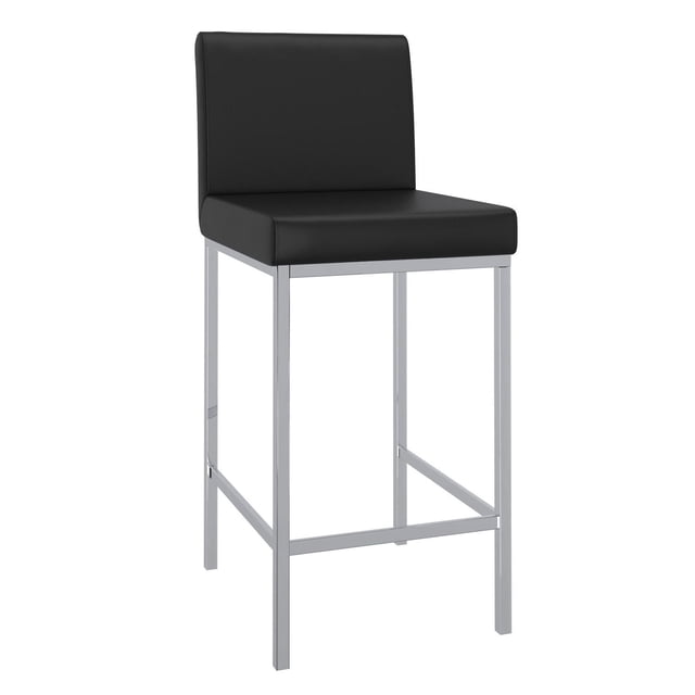 Set of 2 Modern Counter Stools, Black, featuring 26-inch counter height with black faux leather upholstered seat and low backrest. The stools have a chrome metal base with footrest bars and medium-firm polyester foam cushions supporting up to 300 lbs, ideal for kitchen or bar seating.