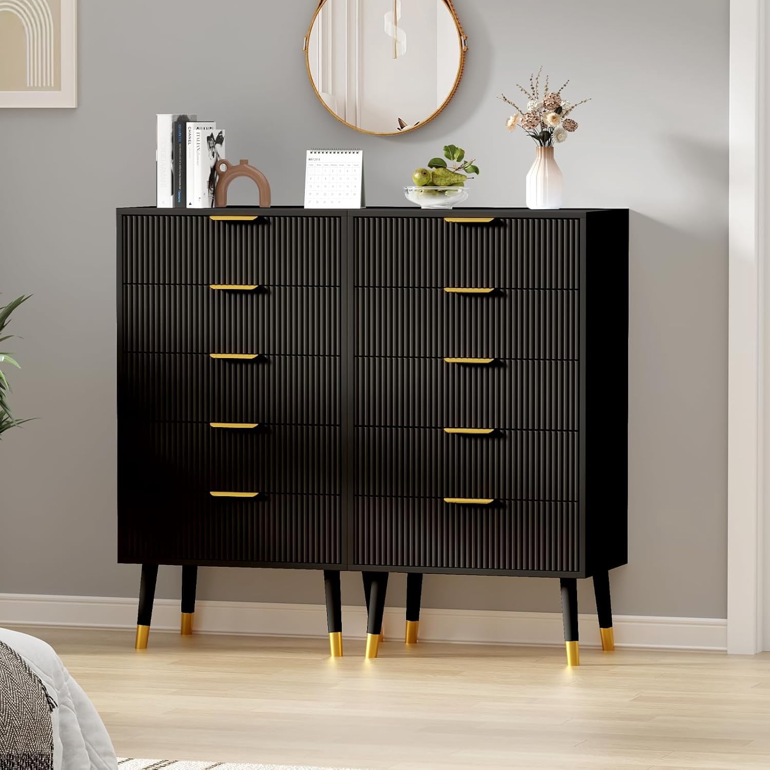 5 Drawer Dresser for Bedroom, Modern Closet Dressers Chest of Drawers, Wood Storage Dresser Chest Cabinet Organizer Unit, Small Fluted Nightstands for Bedroom, Black(2 PCS)