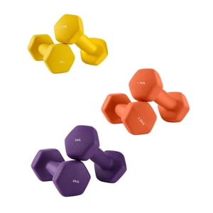 Neoprene Dumbbells Set with Stand, 2 x 1 kg, 2 x 1.5 kg, 2 x 2 kg, for Workout Yellow, Orange, and Purple
