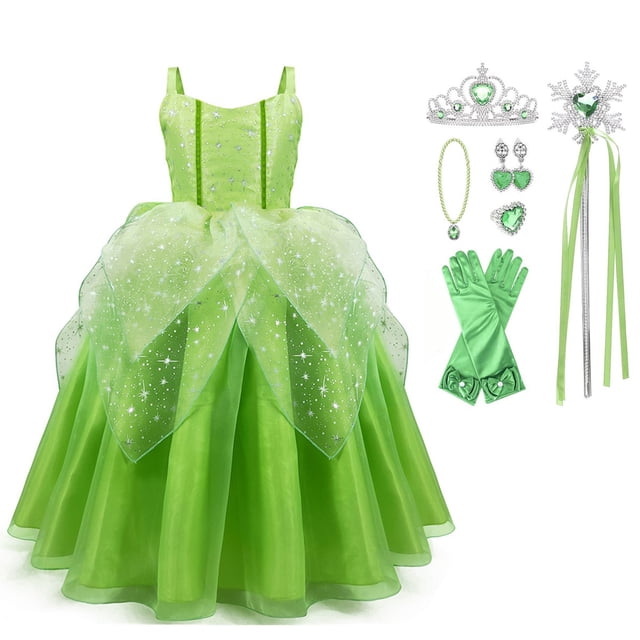 HAWEE Robe de Princesse Féerique Clochette pour Fille Déguisement Chic Présentant un design Vert Vif avec une Superposition d'Étoile Argentée à Paillettes, à Bretelles Sans Manches Col en V, et une Taille Élastique. la Robe Comprend Quatre Couches de tulle Duveteux pour un Style Bouffant et Élégant, Complétée par des Ailes de Papillon Vertes. les Accessoires Incluent un Diadème, une Baguette, des Gants et des Bijoux, la Rendant Idéale pour l'Halloween, les Fêtes d'Anniversaire Ou les Événements de cosplay. Fabriquée en polyester Doux et Respirant, Convient