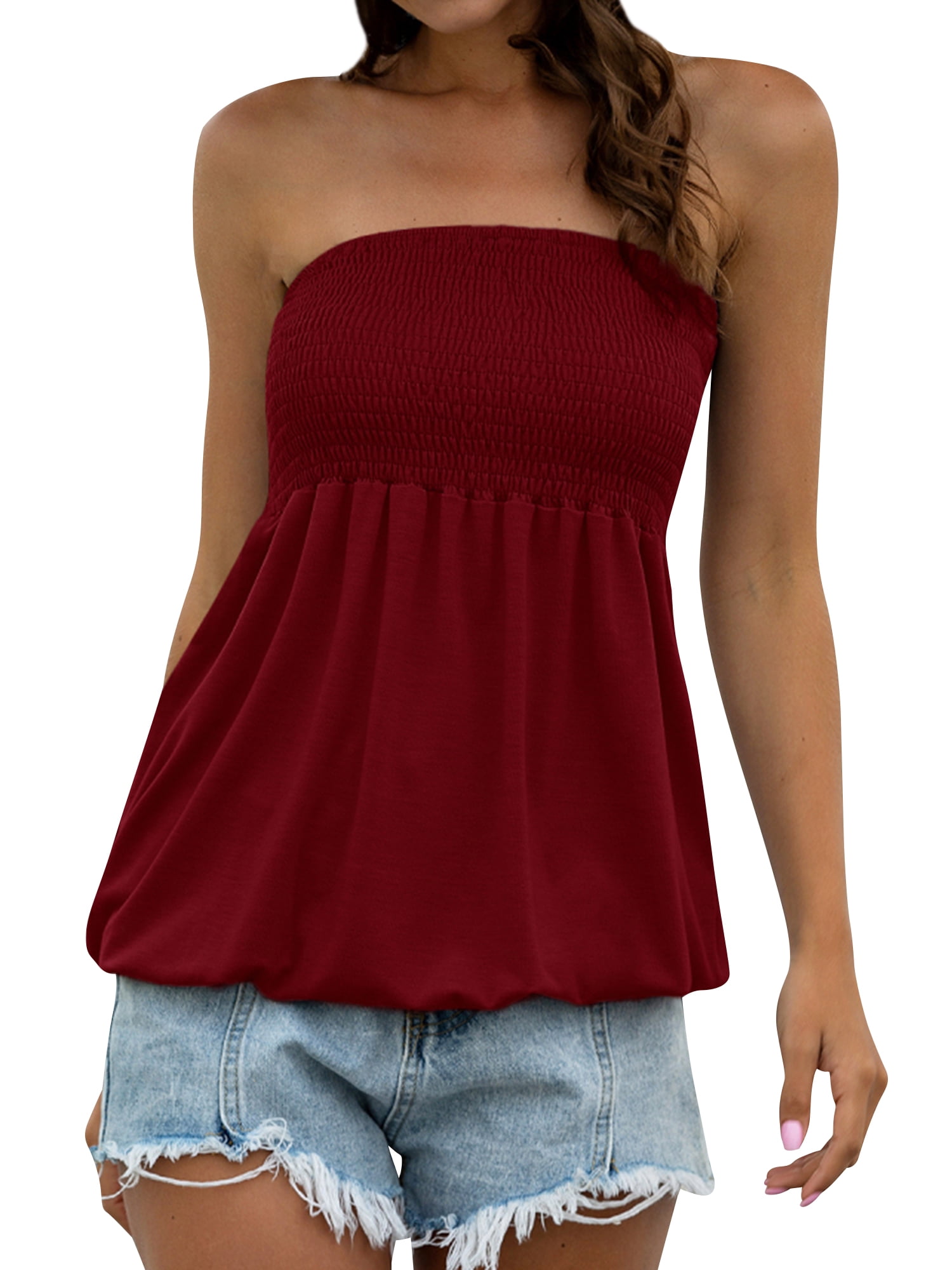 Women Elastic Strapless Pleated Tube Top Halter Twisted Plain Blouse Top