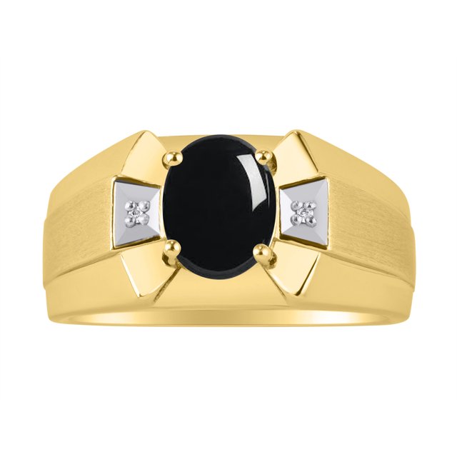 RYLOS Men's Rings 14K Yellow Gold Rings Classic Designer 9X7MM Oval Gemstone & Diamond Ring Cabochon Onyx October Birthstone Ring Size 11