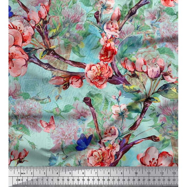 Soimoi Blue Rayon Fabric Insect,Peach & Pink Floral Print Sewing Fabric BTY 42 Inch Wide