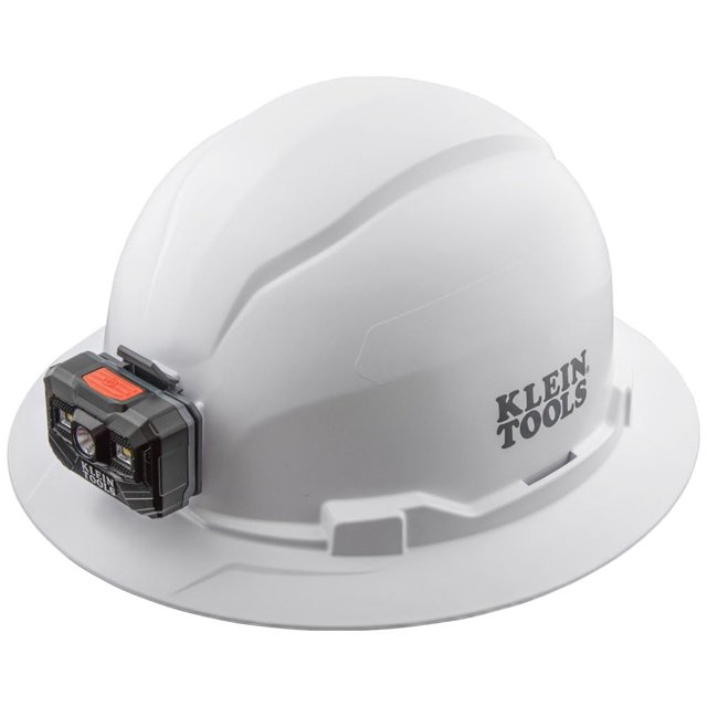 Klein Tools 60406RL Casque Rigide, Lampe Frontale Rechargeable, Sans Évent, Style à Grand Bord, Bande Anti-Transpiration Rembourrée Auto-Évacuant et Résistante aux Odeurs, Testé jusqu'à 20 kV, Blanc