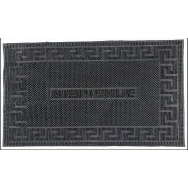 Bienvenue Tapis de Porte en Épingle de Caoutchouc Mesurant 16 par 24 Pouces, Présentant une surface en Caoutchouc Texturée avec une Bordure Géométrique et « Bienvenue » en Épingles de Caoutchouc Surélevées au Centre. Ce Tapis Intérieur Antidérapant Élimine Efficacement la Saleté des Chaussures et Garde les Pieds au Sec, Convient pour une Utilisation aux Entrées, Chambres Ou Salles de Bain.