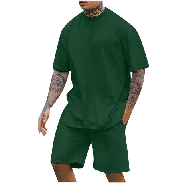 TIMIFIS Survêtements pour Hommes 2 Pcs Tenues de Jogging Athlétiques Décontractées Col Rond Uni Blouse à Manches Courtes et Shorts Ensemble 2 Pcs - Automne