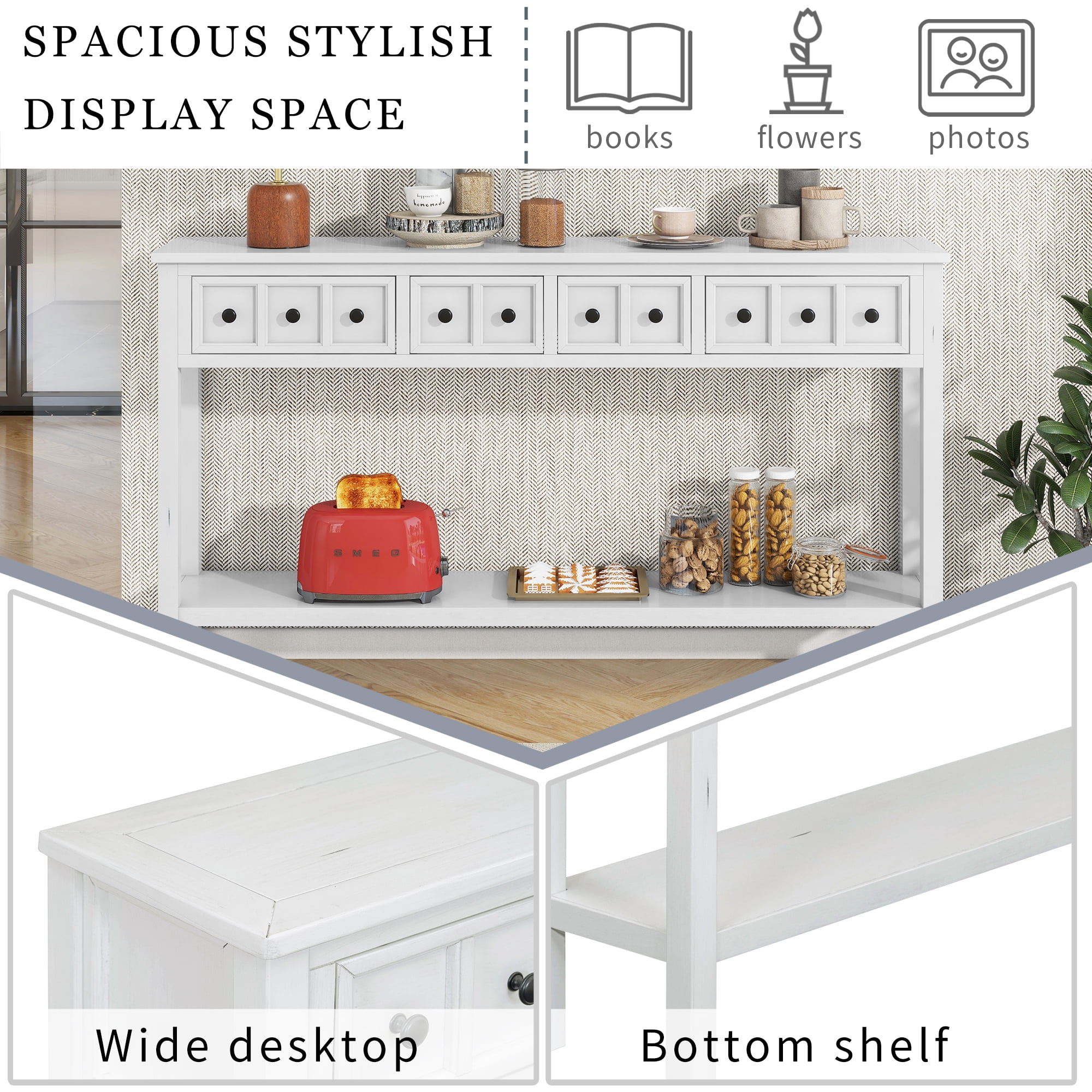 Noble House Rustic Entryway Console Table, 60" Table with two Different Size Drawers and Bottom Shelf for Storage ,Antique White