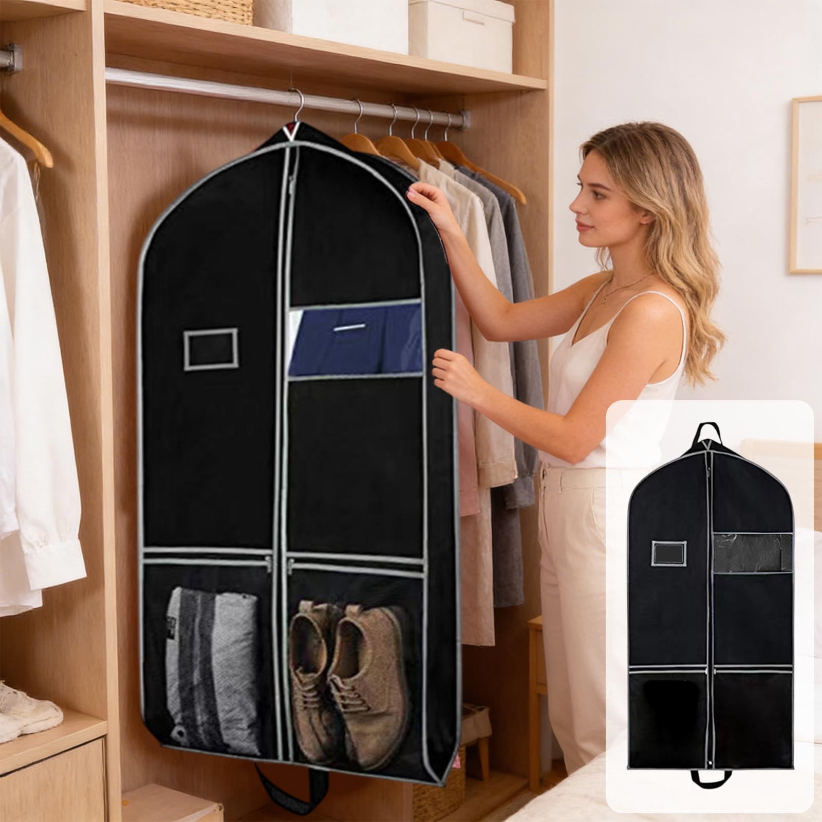 Non-Woven Fabric Garment Cover, Travel Suit Storage Bag with Mesh Pockets, Dirt-Proof & Wet-Proof Protection, Multi-Functional organizer, Black, JKODE