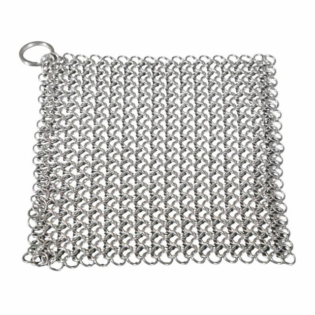 Camp Chef Chainmail Scrubber - 7x7 inch stainless steel scrubber made of 316 grade interlinked rings forming a square mesh with a hanging ring, designed for cleaning cast iron and steel griddles, dishwasher safe for easy maintenance.