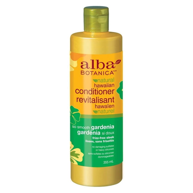Alba Botanica So Smooth Gardenia Natural Hawaiian Conditioner in a 355 mL yellow and green bottle with a green flip cap, formulated to hydrate and smooth hair while protecting against humidity and frizz, free from sulfates and heavy silicones for soft, manageable hair.