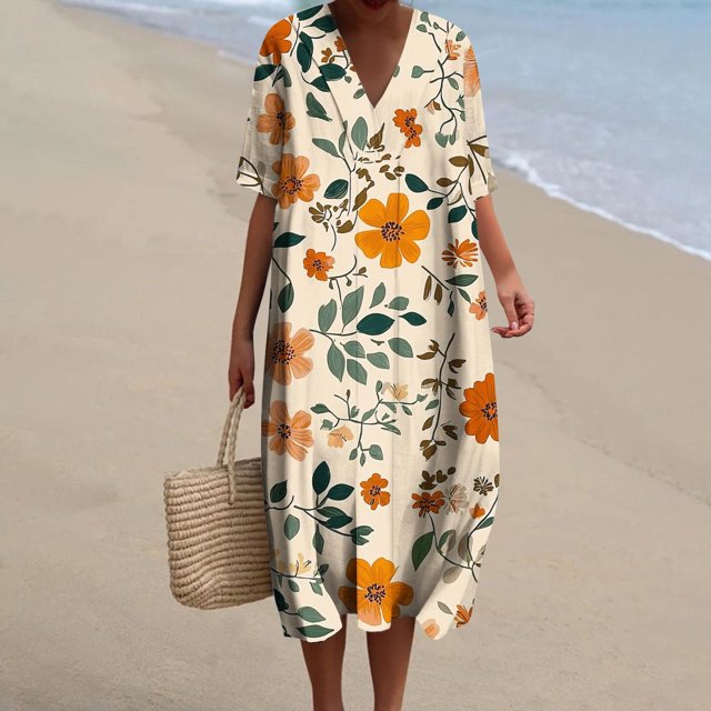 Ovzne Robes pour Femmes Robe d'Été Femmes Été Poches Robes Imprimées Ample Col en V Manches Courtes Robes Femmes Robe Manches Courtes Imprimée Liquidation