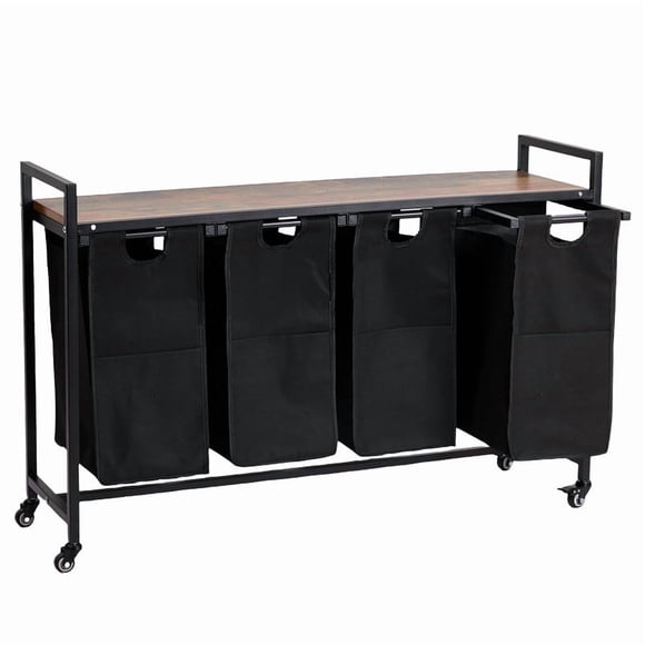 Panier à Linge Roulant à Multiples Sacs avec Sacs Oxford Amovibles – Configurations à 4 Sacs, Capacité de 43,5 L, Organisateur de Buanderie Portable avec Roues, Brun Rustique et Noir