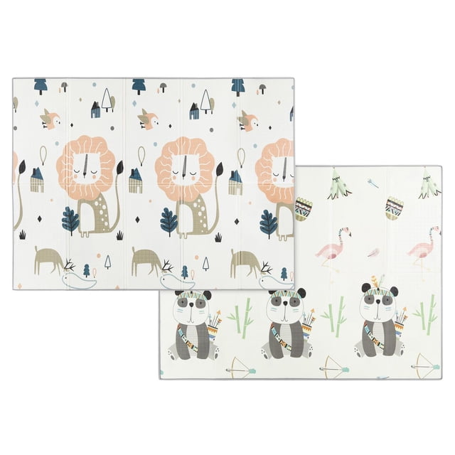 Dream On Me Play time Tapis de Jeu pour Bébé Réversible, Modèle No 460 Présentant Deux Côtés Pliables avec des Imprimés Différents; un Côté a des lions, des Oiseaux et des Cerfs pastel, l'Autre Côté Montre des pandas avec des Nœuds, des Flamants Roses et des Tipis sur un Tapis en Mousse Imperméable et Conforme ASTM Conçu pour le Jeu des Nourrissons et un Nettoyage Facile.
