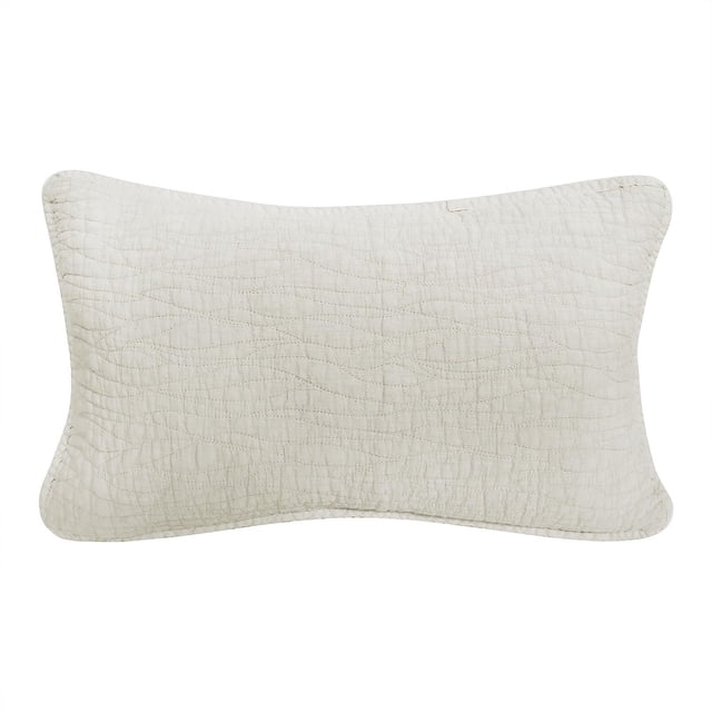 Gouchee Home Carson Rectangle Cushion in off-white with a stone-washed 100% cotton shell featuring an intricate wave quilted pattern, filled with 100% polyester, with a zipper closure for easy washing, shown front-facing on a white background, ideal for decorative bedroom comfort.