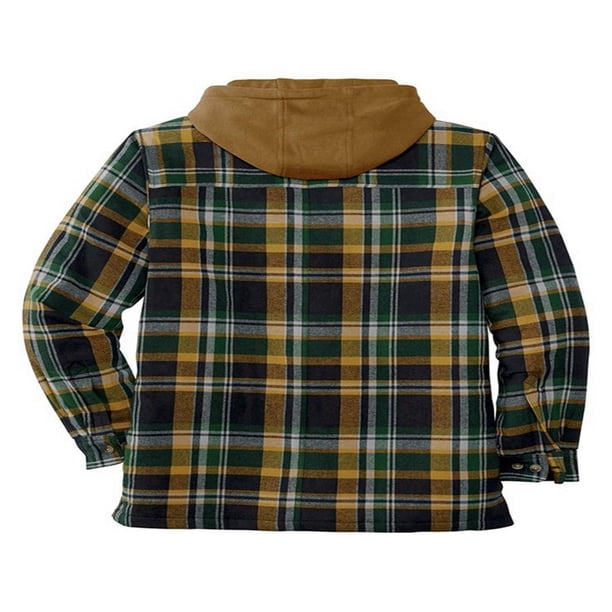 Men's Hooded Quilted Lined Flannel Shirt Jacket Long Sleeve Plaid