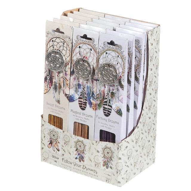 Dream Incense Stick & Holder set featuring Sweet Dreams, Magical Dreams, and Fantasy Dreams boxed varieties, each with 30 incense sticks and decorative dreamcatcher packaging, displayed in a cream holder with dreamcatcher patterns, suitable for enhancing home fragrance and relaxation.