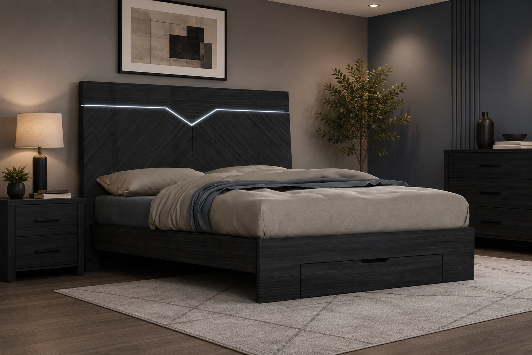 K-Living Stark King Size Bed for Adults, Angley Grey Lacquer Finish with Accent LED Lights