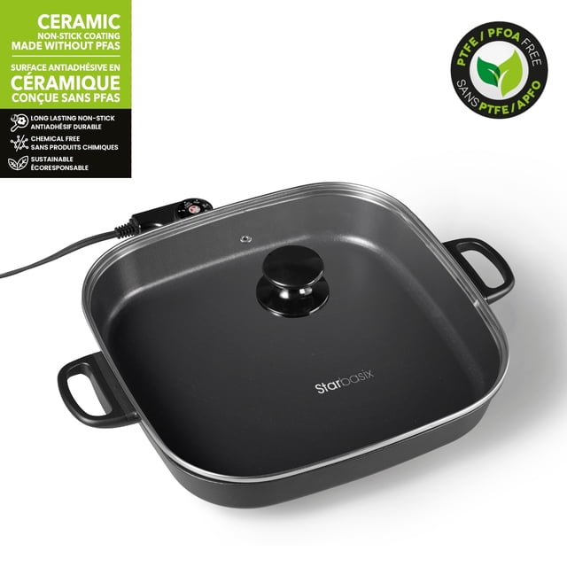 Starbasix Poêle Électrique - 12 Pouces x 12 Pouces avec Revêtement Antiadhésif en Céramique Sans PFAS, Dotée d'Une surface de Cuisson Carrée Noire, de Poignées au Toucher Froid, d'Un Couvercle en Verre Trempé avec Bouton Noir, et d'Un Contrôle de Température Amovible pour une Cuisson Polyvalente et le Mijotage.