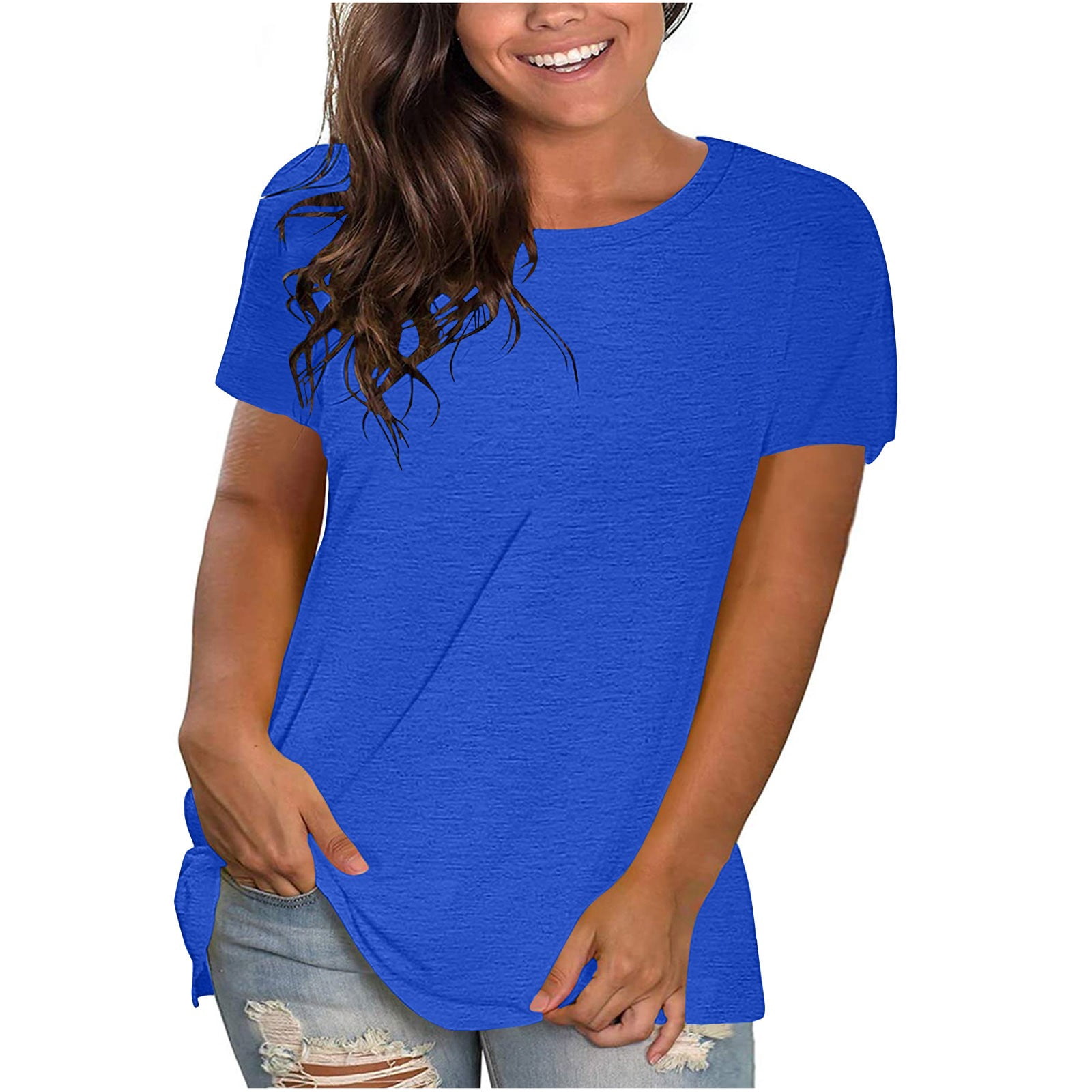cfhntfmh Plus Size Tops for Women Crew Neck Short Sleeve Shirts Summer Solid Color Loose Basic T-Shirts Tees