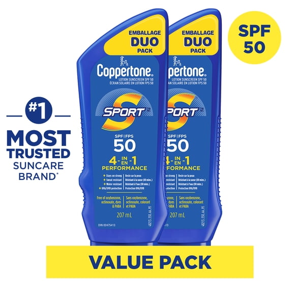 Coppertone Sport Duo de Lotion Solaire FPS 50, Résistant à la Sueur et à L’Eau, 2 x 207 ml