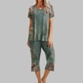 thumbnail image 2 of PEZHADA Ensembles 2 Pcs pour Femmes Ensembles Assortis de Détente Deux Pièces Pantalons en Lin Col Ras du Cou Manches Courtes Hauts Vêtements de Détente Pyjamas Vêtements Tendance Ensemble de Vacances d'Été Vert Armée, 2 of 6