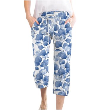 Summer Saving!EQWLJWE Women Capris for Plus Size,Wide Leg Capris Plus Size Pull On Pants,Women Casual Pants Straight Leg Retro Leaf Pants Drawstring Elastic Waist Loose Comfy Trousers with Pockets