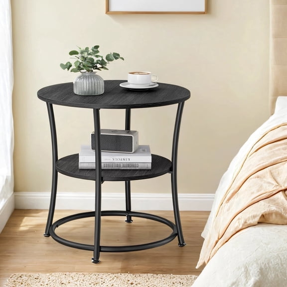 LEDREM Table d'Appoint Ronde Moderne à 2 Niveaux, Table de Chevet avec Cadre en Métal Renforcé, Petite Table d'Appoint Circulaire avec Rangement, Gain de Place, Capacité de 66 Lb, Assemblage Facile, Gris et Noir