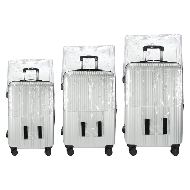 Unique Bargains 3Pcs Luggage Covers in silver-grey, designed for 20, 24, and 28-inch suitcases. These transparent PVC protectors feature silver-grey edges and are waterproof, scratch-resistant, and dustproof. The set includes three covers, each with a smooth surface and secure hoop and loop closures for easy installation and removal. Ideal for protecting luggage during travel by airplane, train, cruise ship, or bus.