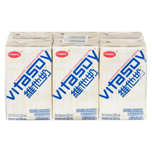 Vitasoy Boisson de Soya, Lot de Six, cartons Tétra pak de 250 ml avec Emballage beige, logo Vitasoy Bleu et Marque Rouge, Étiquetée Faible en Gras Saturés, Sans Cholestérol, Boisson de Soya Sans lactose en Anglais et en Français, Idéale comme alternative au Lait Non Laitier Riche en Protéines.