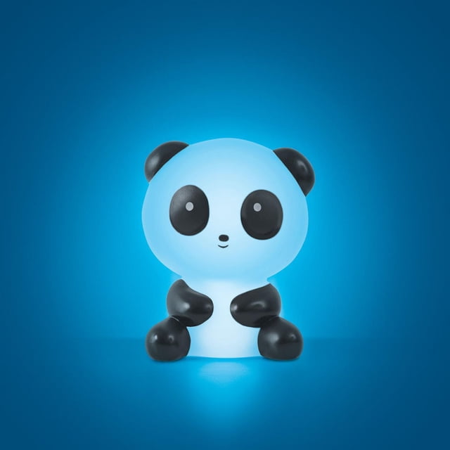 Merkury Innovations Panda Color Changing LED Mood Light showing a front-facing panda-shaped night light with a glowing multicolour LED body and black ears, eyes, arms, and legs, ideal for indoor lighting accessories and mood lighting, often used as a decorative night lamp.