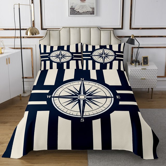 Erosebridal Nautical Compass Coverlet Set Queen, Geometric Stripes Bedding Set, Ocean Theme Decor, 3 Pieces