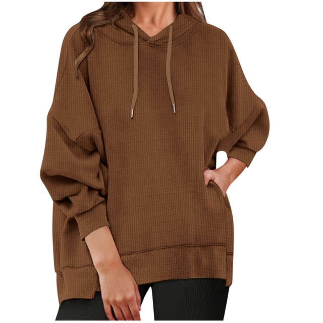 Pisexur Womens Hoodies Solid Color Hooded Sweatshirt Casual Drawstring Oversized Hoodie Fashion Loose Ribbed Fall Tops Pullover Tops with Pocket