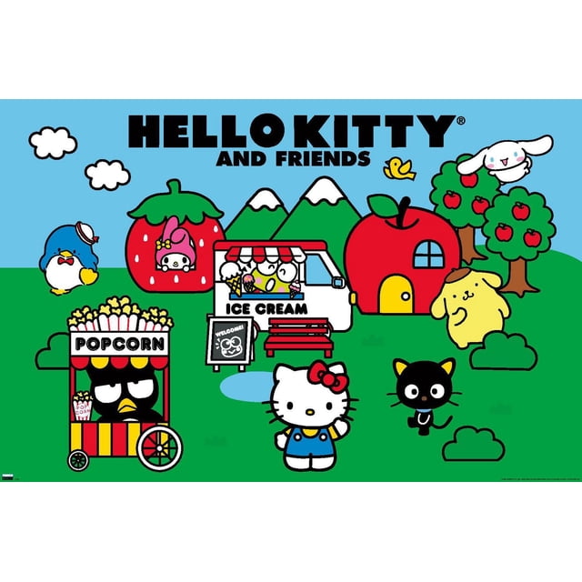 Hello Kitty and Friends: 21 Core - Field Wall Poster, 22.375" x 34" depicting Hello Kitty and friends in a colorful outdoor scene with a popcorn cart, ice cream truck, apple and strawberry-shaped houses, green hills, and apple trees under a blue sky, suitable as wall art and room decor.